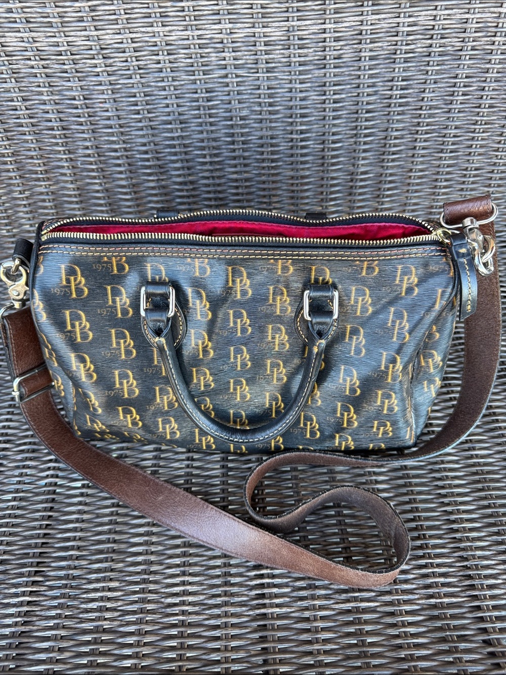 Dooney&Bourne Monogram Black and Brown Leather-Trim Duffel Bag with Red Lining